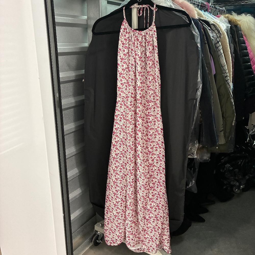 90s Floral Halter Midi Slip Dress Red Green Slit Front